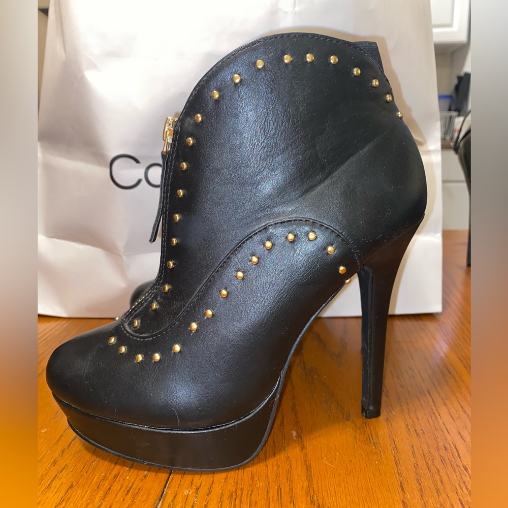 Just Fab black booties with gold studs